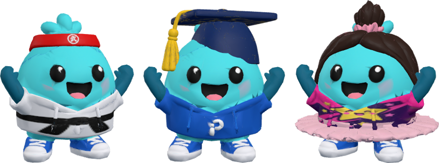 Three Pips: one in a karate outfit, one in a graduation hat and one in a leotard and tutu